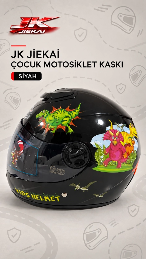 JİEKAİ JK119 Desenli Çocuk Kaskı Siyah Renk Full Face  Kask