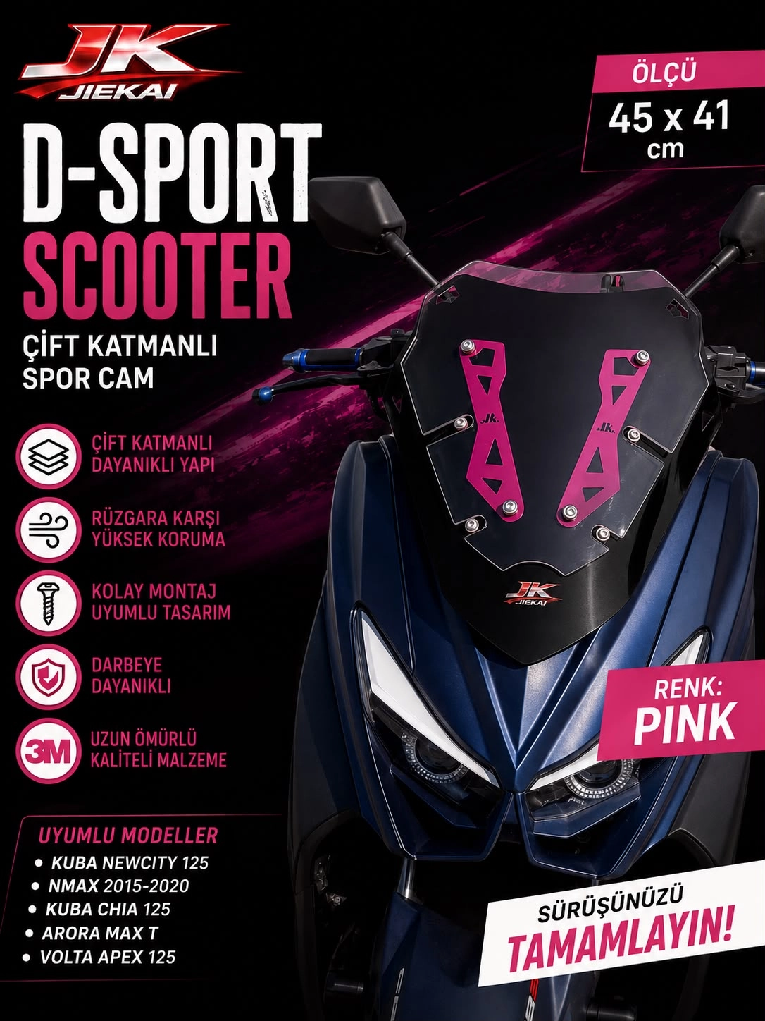 JK JİEKAİ ARORAR MAX-T - D-Sport SCOOTER ÖN CAM SPOR CAM (PİNK) YAMAHA N-MAX 2015-2020 UYUMLU