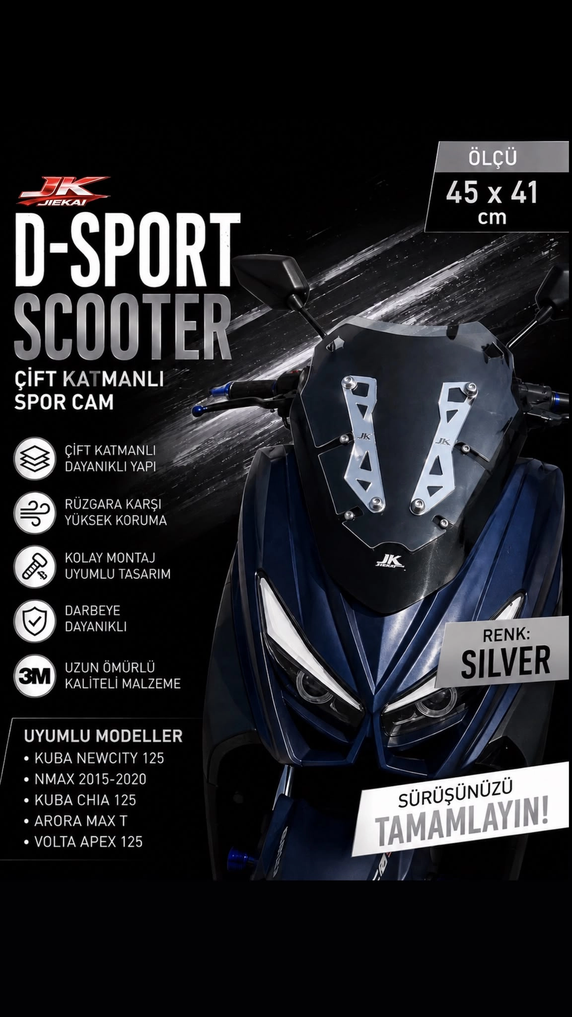 JK JİEKAİ YMHA 2015-2020 - D-Sport SCOOTER ÖN CAM SPOR CAM (SİLVER) ARORA MAX-T UYUMLU