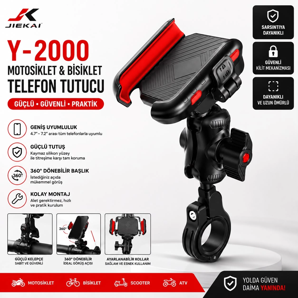Y-2000  TİTREŞİM MODÜLLÜ  MOTOSİKLET BİSİKLET TELEFON TUTUCU 360° DÖNEBİLİR GÜVENLİ KİLİTLİ GİDON APARATI
