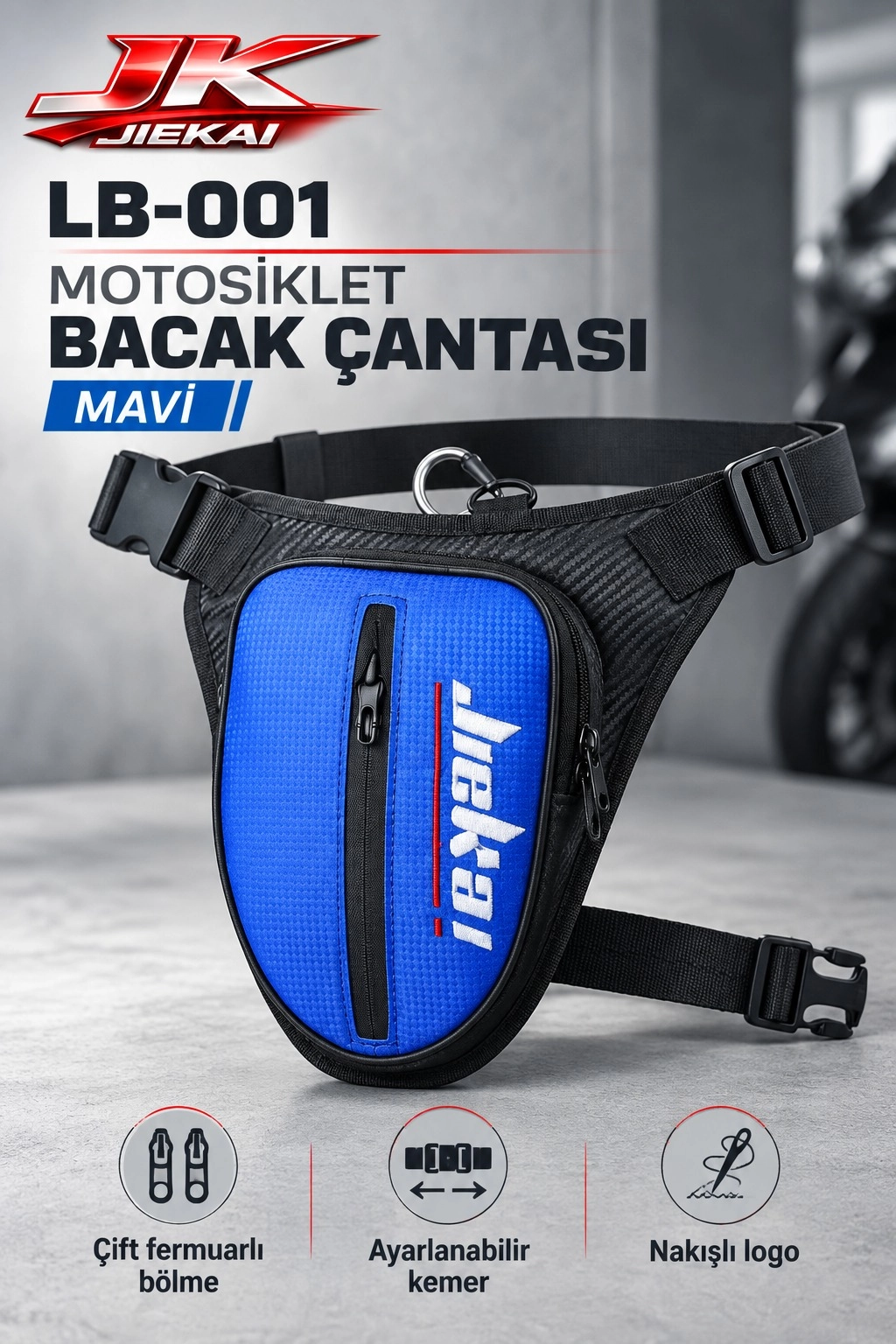 JİEKAİ LB-001 MOTORCU BACAK ÇANTASI * MAVİ KARBON KUMAŞ * BEYAZ NAKIŞ * ( ANAHTARLIK HEDİYE )
