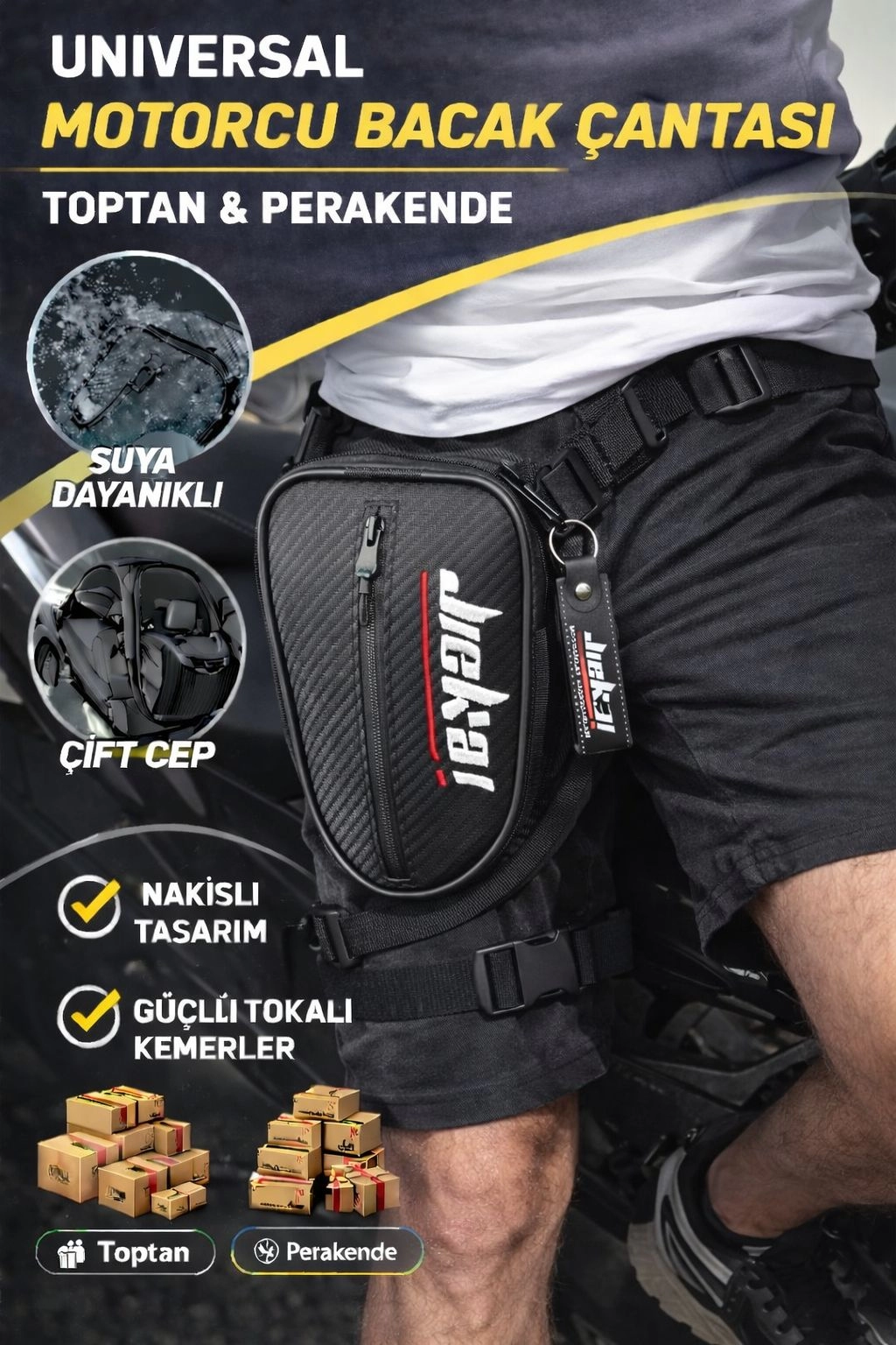 JİEKAİ LB-001 MOTORCU BACAK ÇANTASI KARBON KUMAŞ * BEYAZ NAKIŞ * ( ANAHTARLIK HEDİYE )