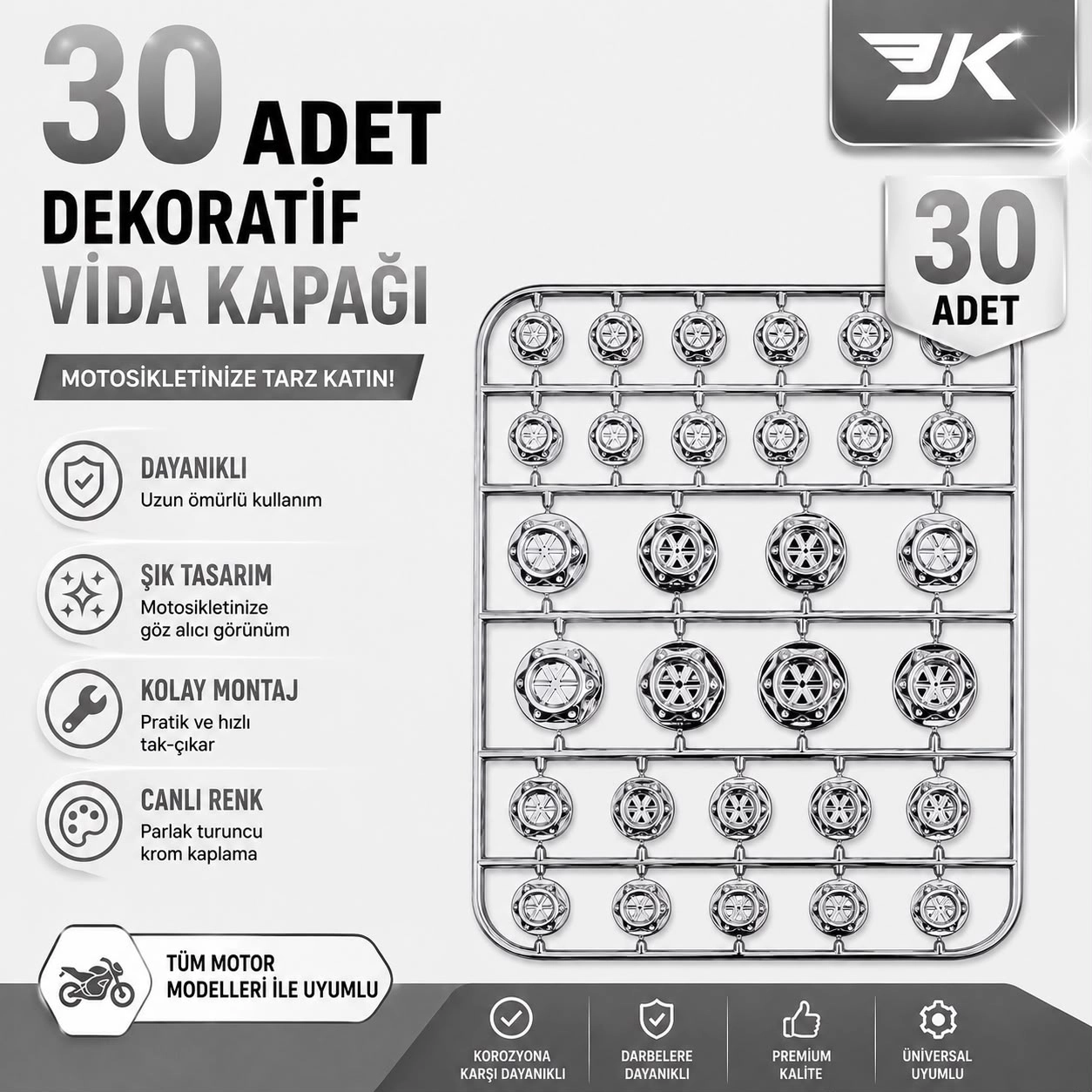 MOTOSİKLET DEKORATİF VİDA KAPAĞI 30 PARÇA SET ABS PLASTİK CİVATA SÜS KAPAĞI GÜMÜŞ