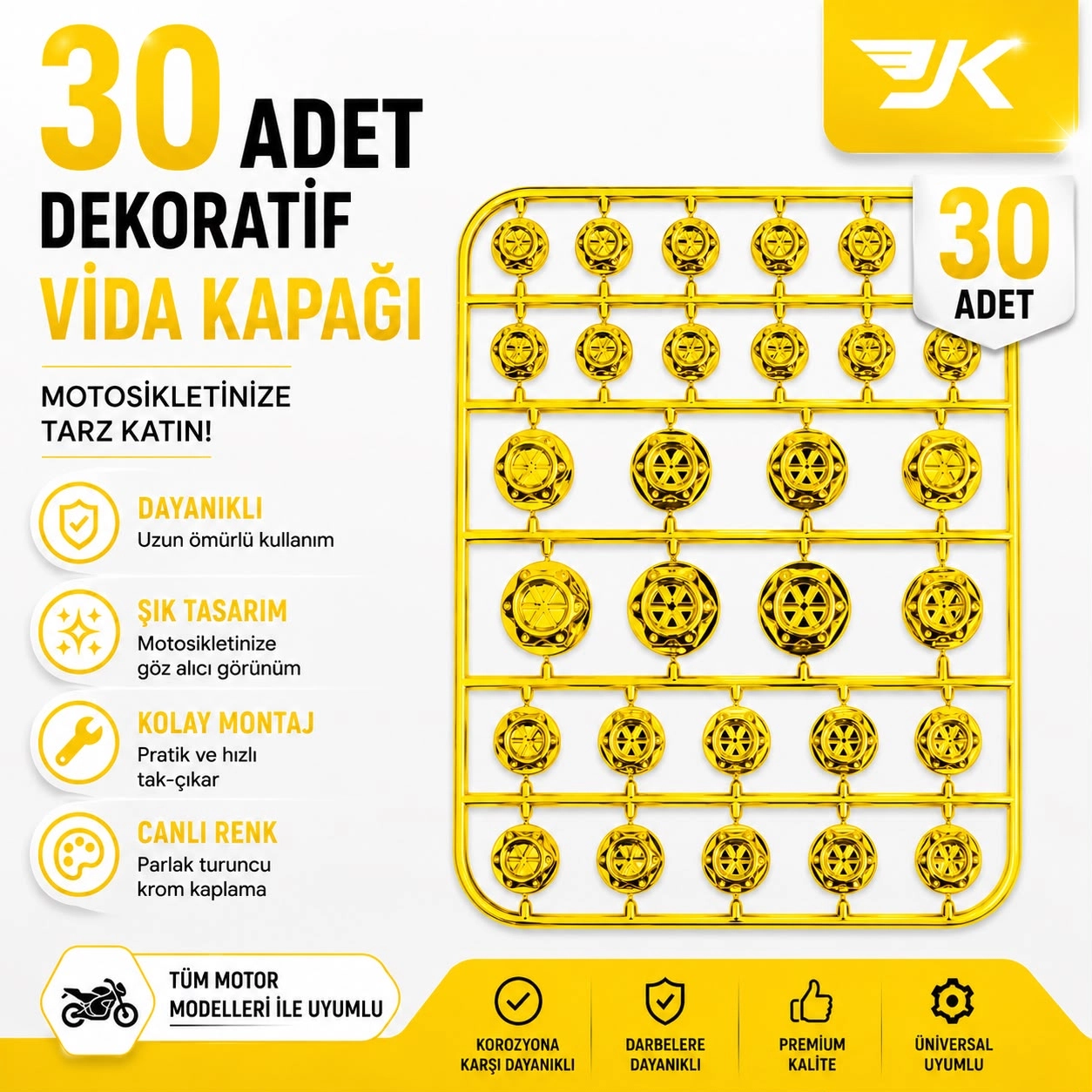 MOTOSİKLET DEKORATİF VİDA KAPAĞI 30 PARÇA SET ABS PLASTİK CİVATA SÜS KAPAĞI GOLD