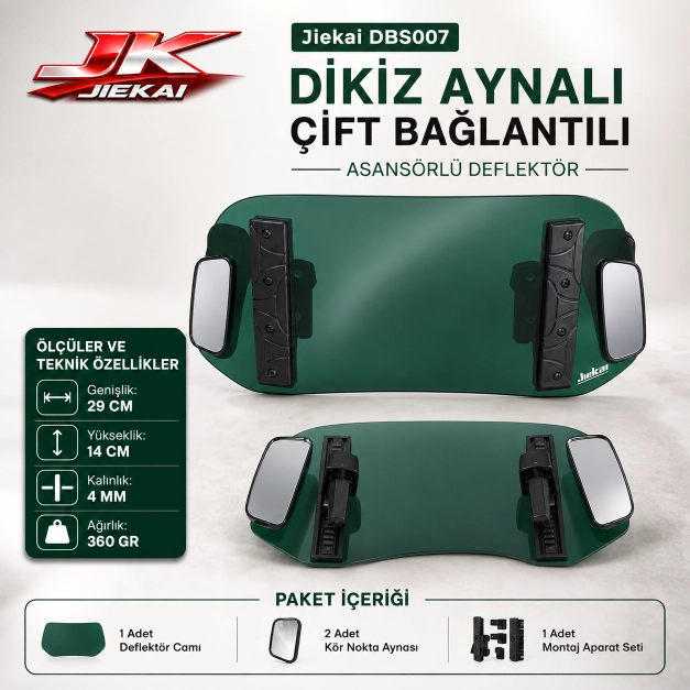 KOYU YEŞİL 29 X 14 DBS007 Dikiz aynalı Universal Çift Bağlantılı Asansörlü Deflektör